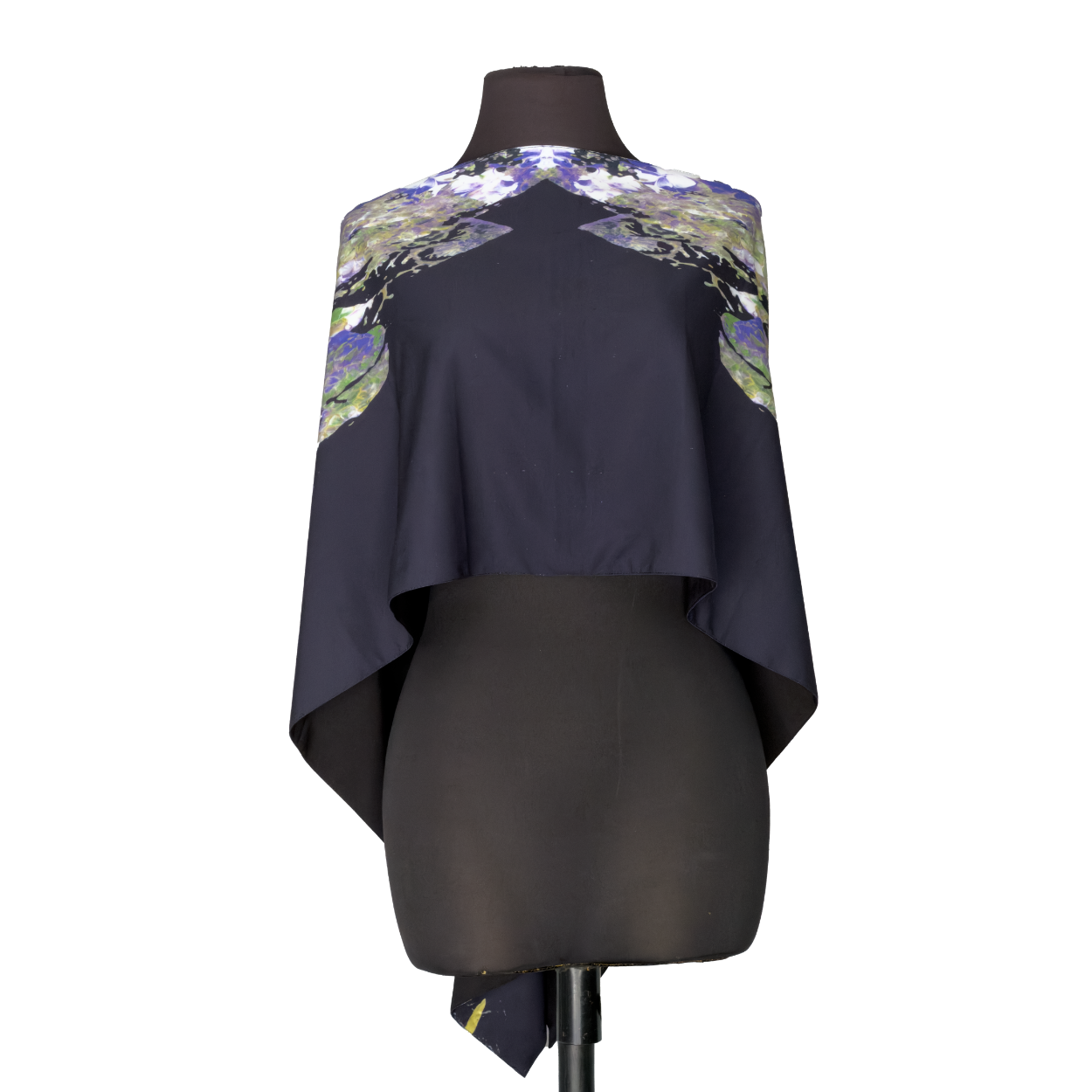 Dark navy draped shawl with floral shoulders on a mannequin, against a white background