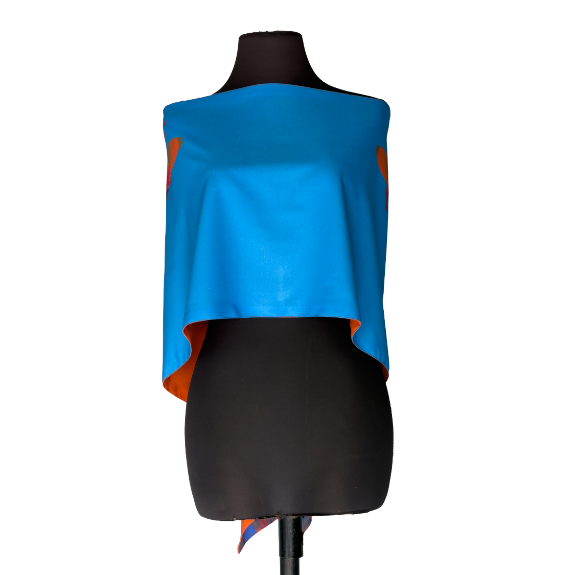Blue sleeveless top on a black mannequin, with orange lining visible at the sides.