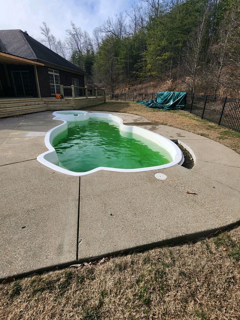 Backyard pool with green water beside a house, surrounded by concrete and trees.