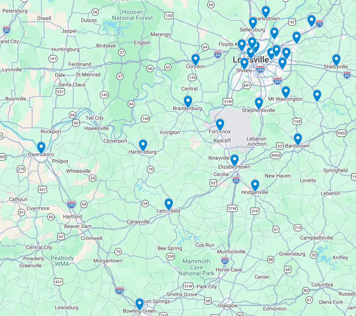 Map with many blue location markers clustered near London and across southeast England