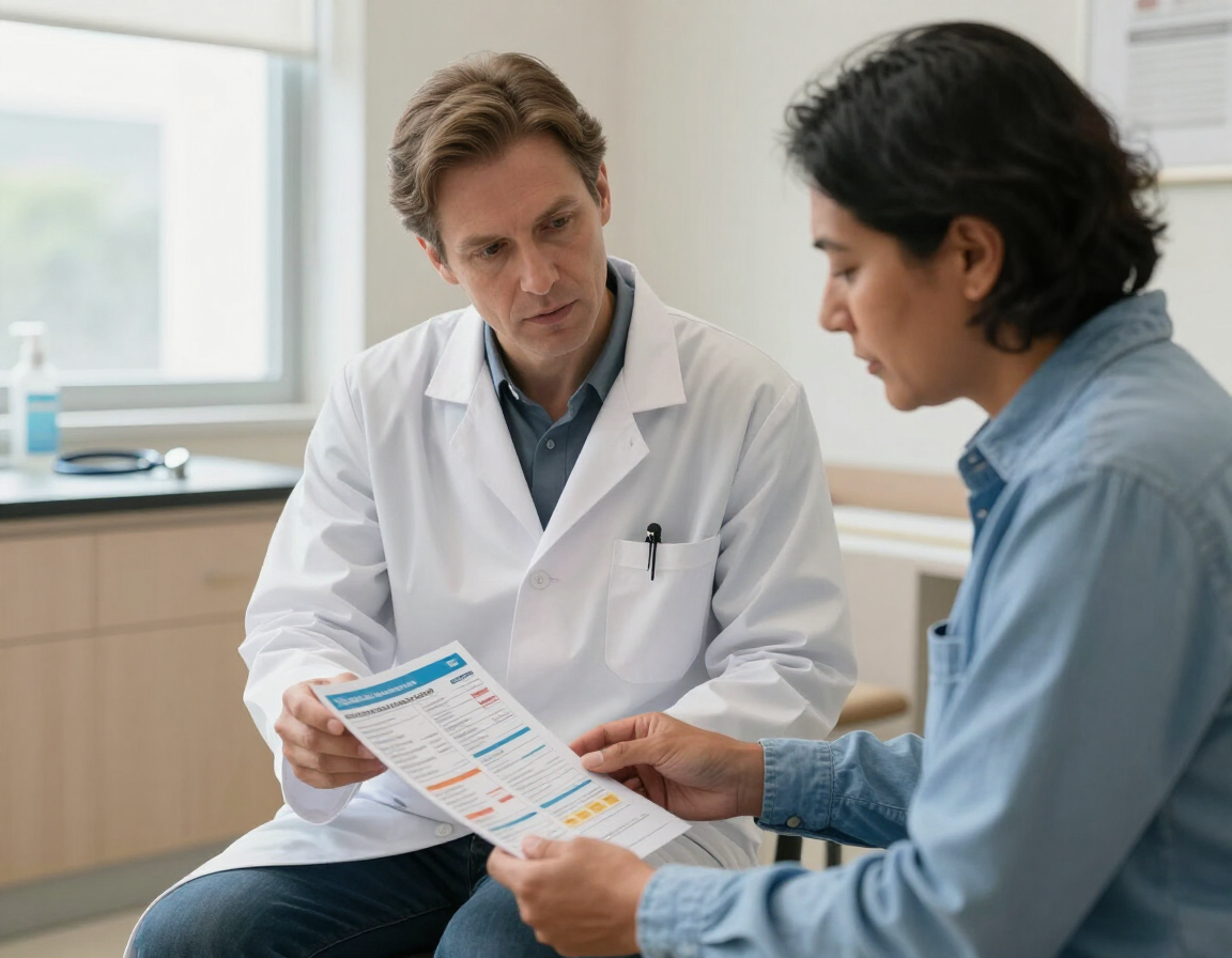 Un médico revisa la historia clínica de un paciente en una luminosa sala de consulta.