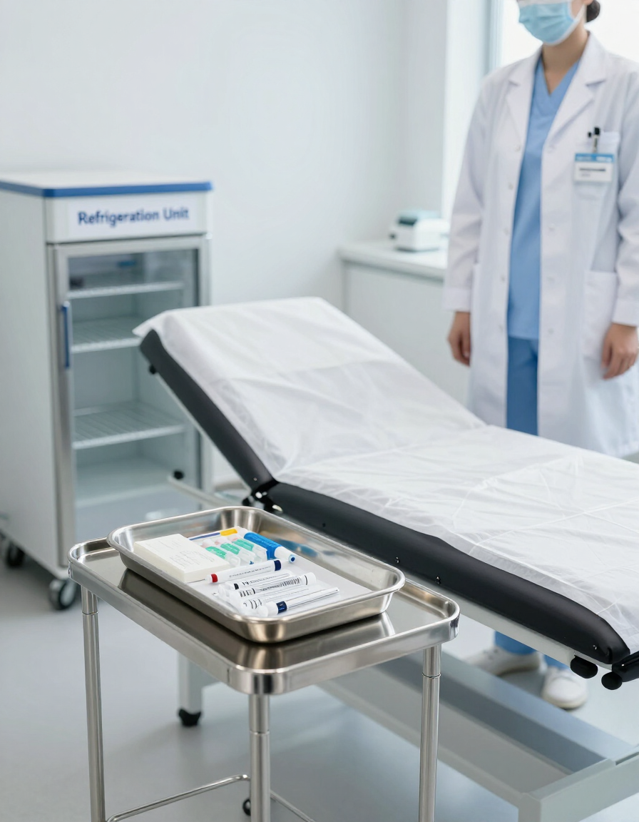 Habitación de hospital con cama vacía, bandeja médica y médico de pie junto a un refrigerador.