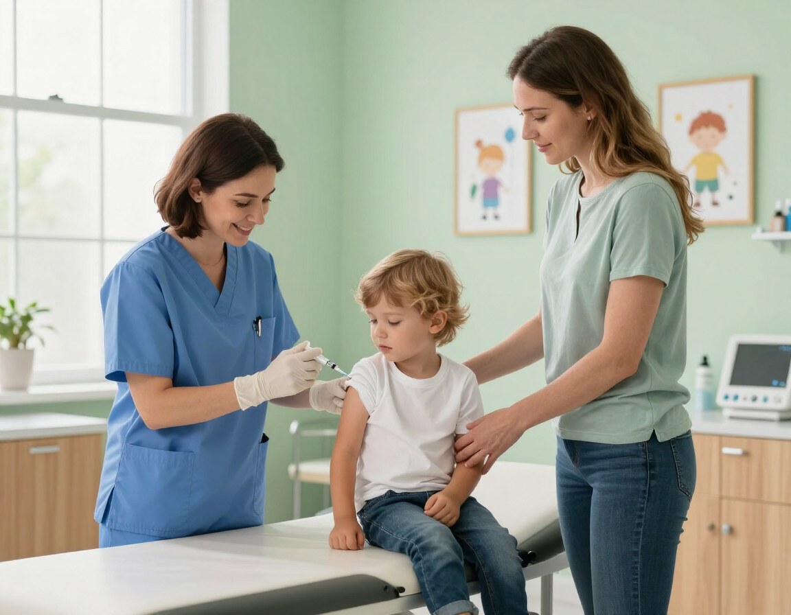 Una enfermera examina a un niño en una clínica mientras un padre está de pie a su lado.