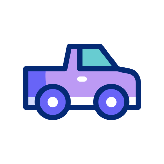 A purple truck with a blue roof and white wheels on a white background.