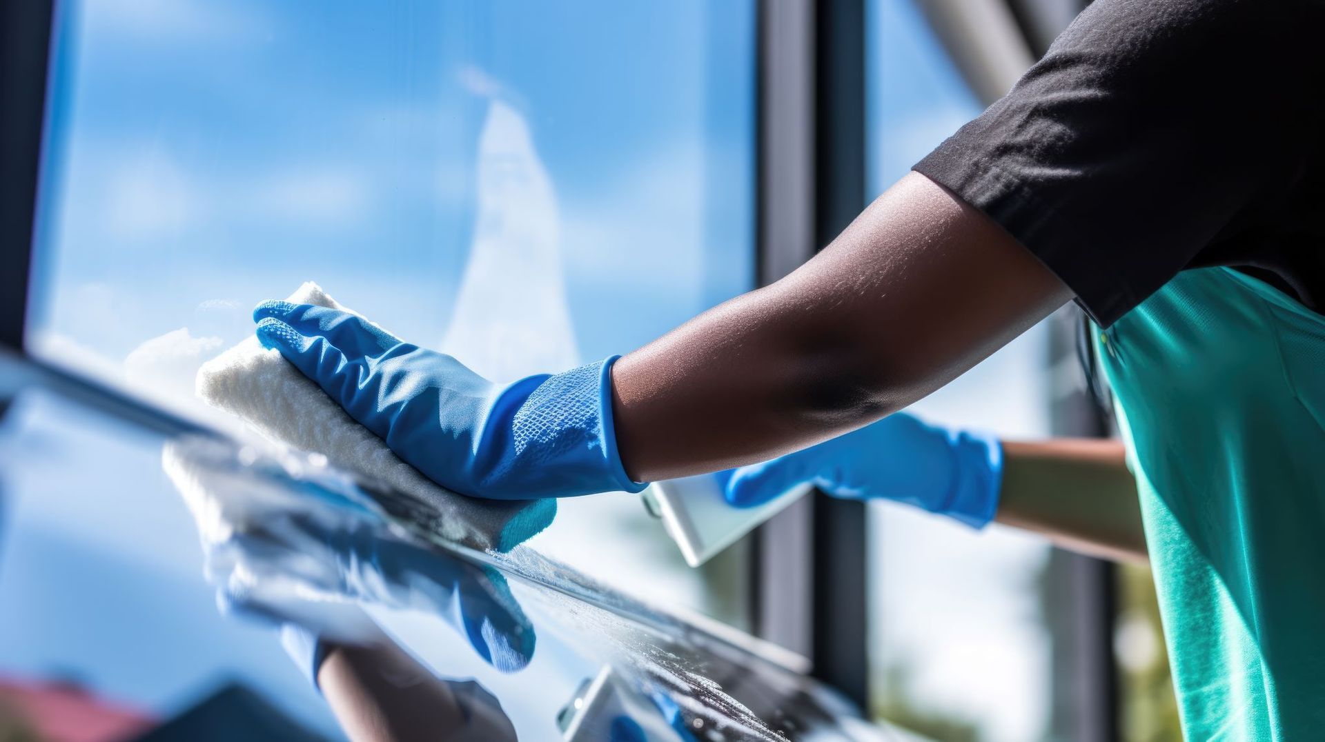 A person wearing blue gloves is cleaning a window with a sponge.