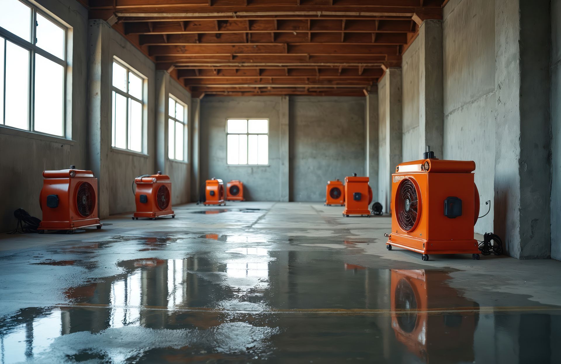 An empty, concrete room with several orange industrial fans on the wet floor.
