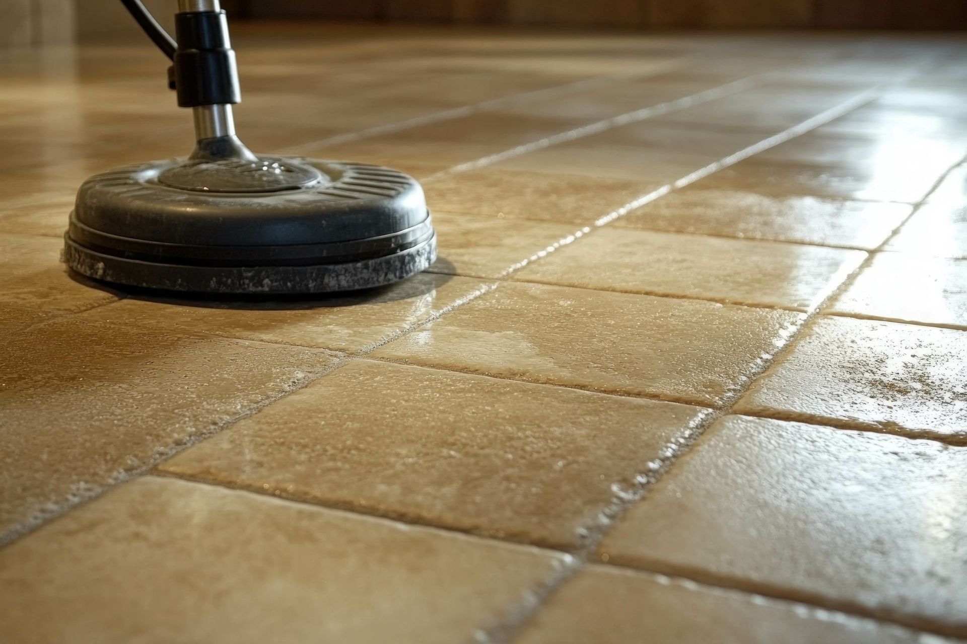 A floor buffer cleans beige tiled floor, leaving wet shine.