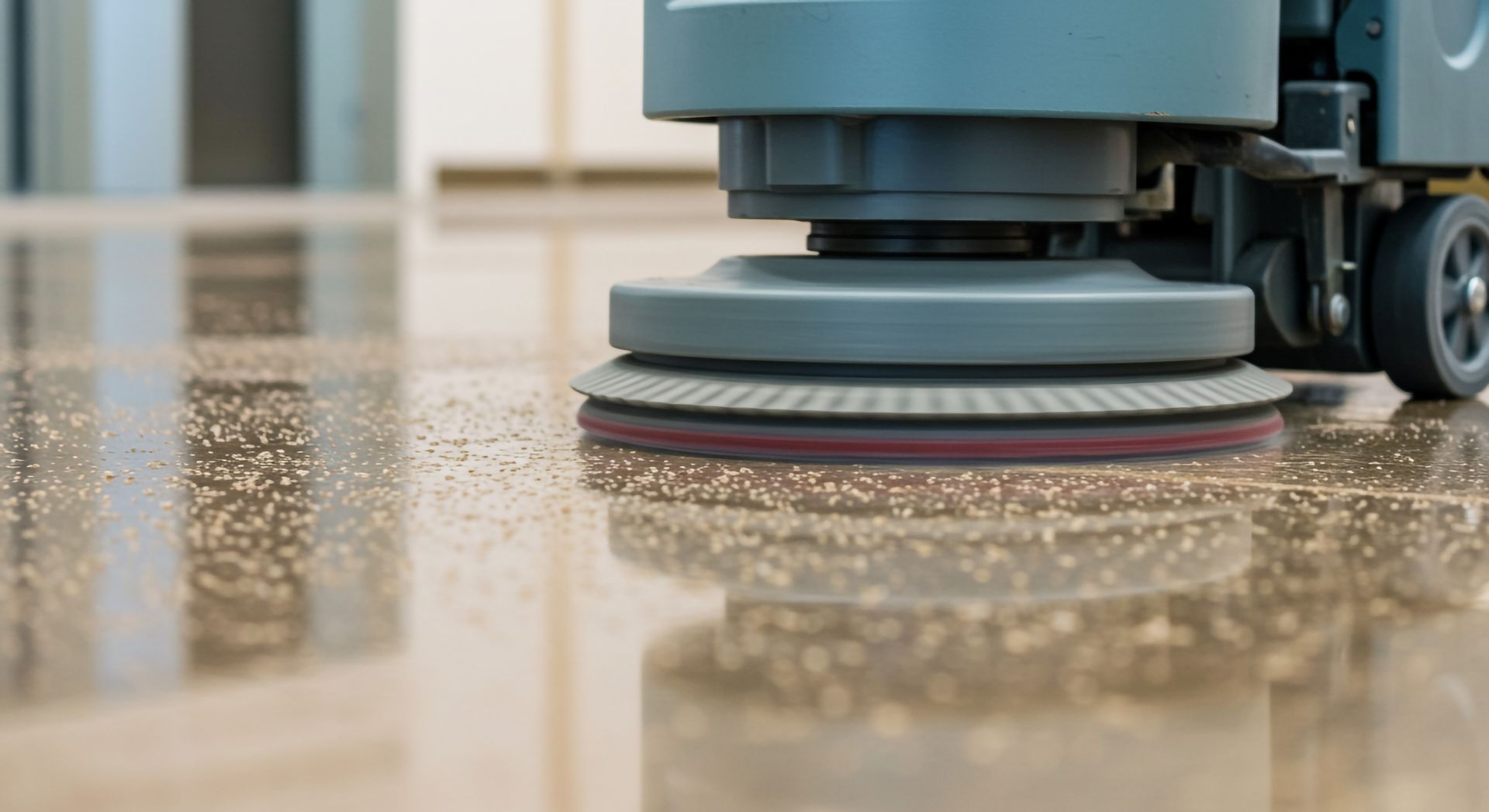 Floor cleaning machine scrubbing a shiny floor.
