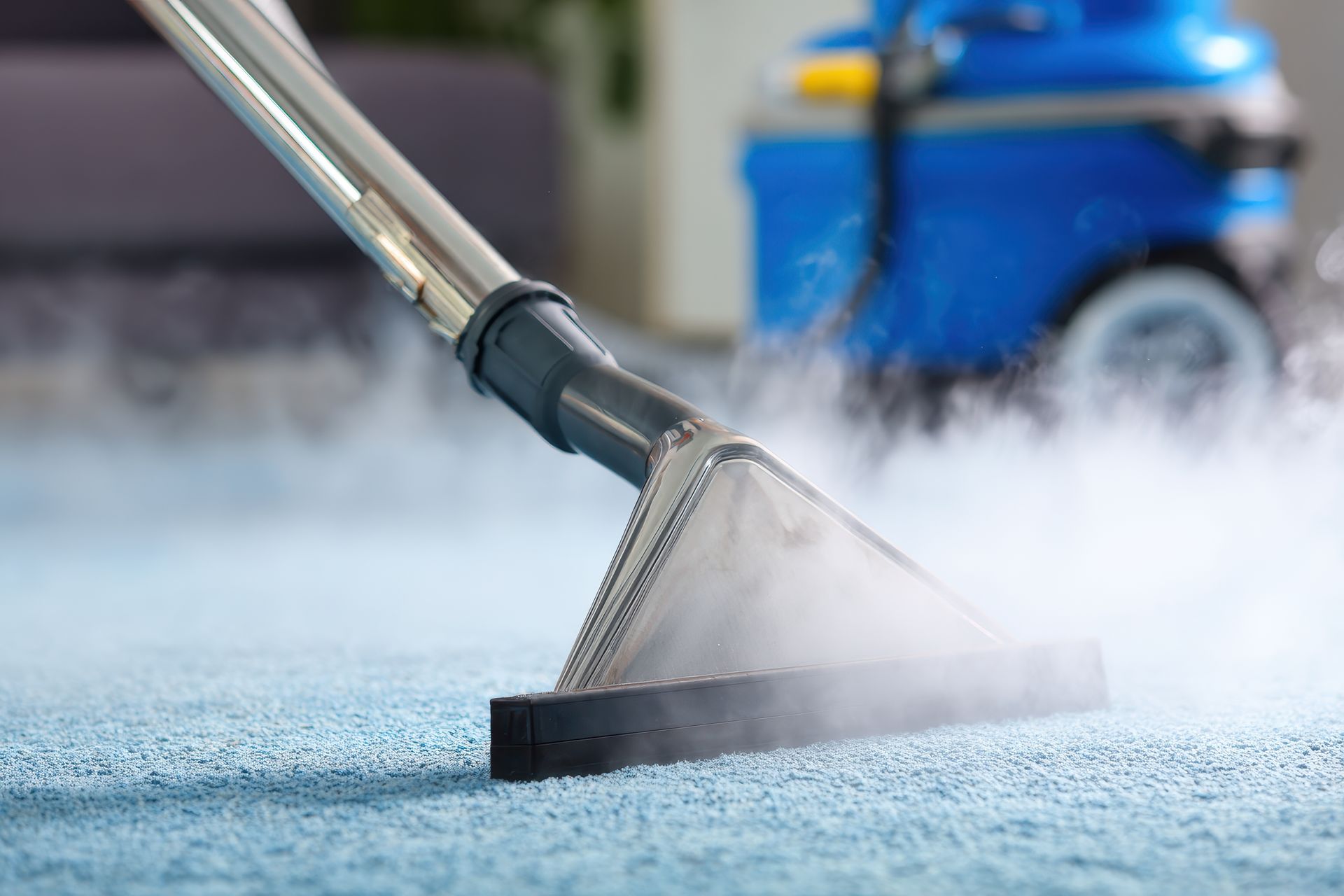 Carpet being cleaned with a steam cleaner, blue carpet, close-up, mist rising.