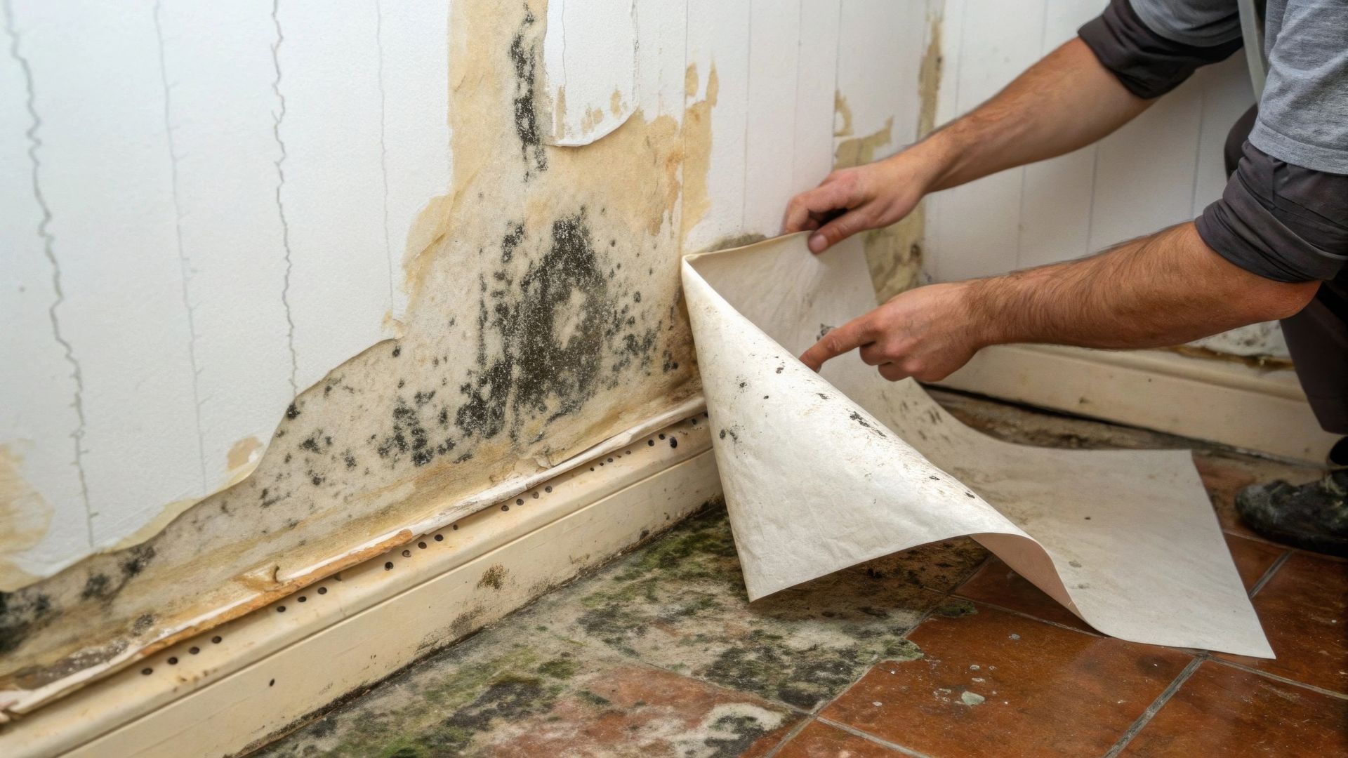 Person removing wallpaper from moldy wall in a room.