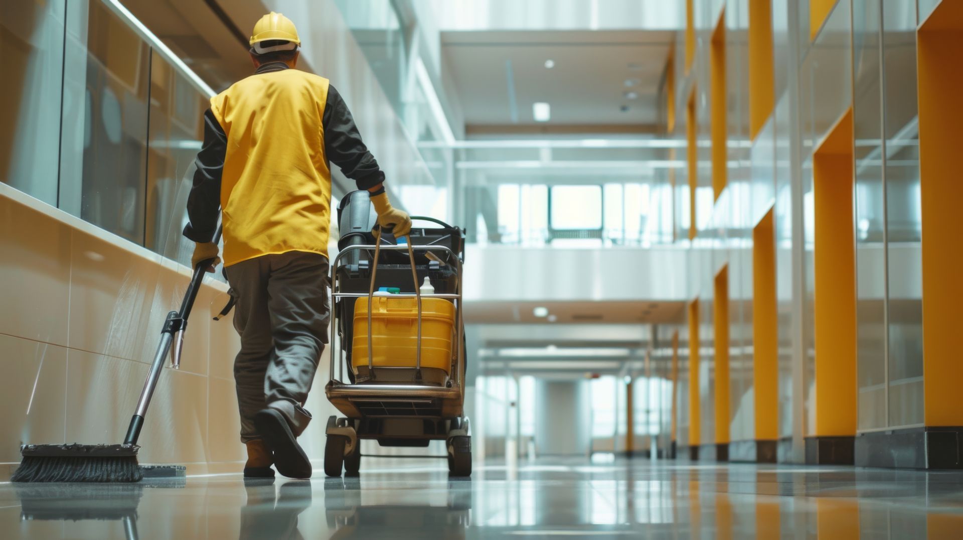 Janitor in yellow vest pushing a cleaning cart, sweeping a long, modern hallway.