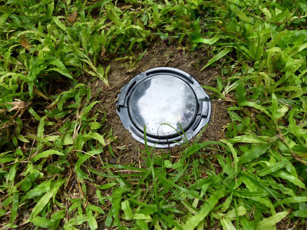 A Termite Baiting System Set in Dirt Surrounded by Green Grass — Hancock Pest Control in Mardi, NSW