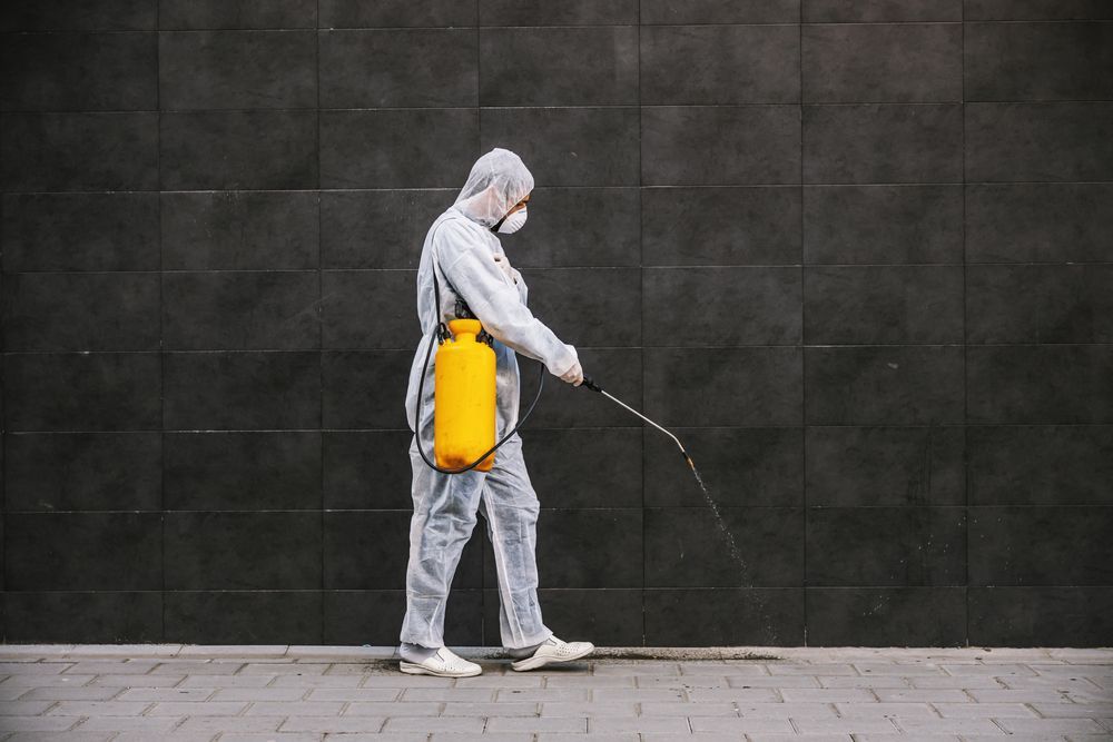 Person in Hazmat Suit Spraying Disinfectant on a Dark Wall — Hancock Pest Control in Gosford, NSW