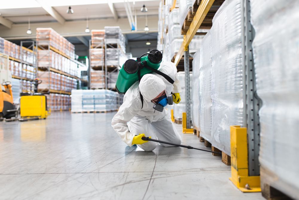 Person in Protective Suit Spraying Insecticide in a Warehouse — Hancock Pest Control in Mardi, NSW