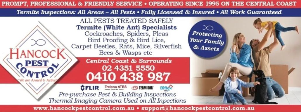 Hancock Pest Control ad with red and blue banner, contact number, and workers spraying a home and lawn