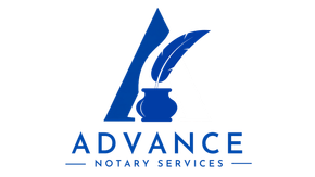 Advance Notary Services logo with a white dove, blue script text, and gold underline