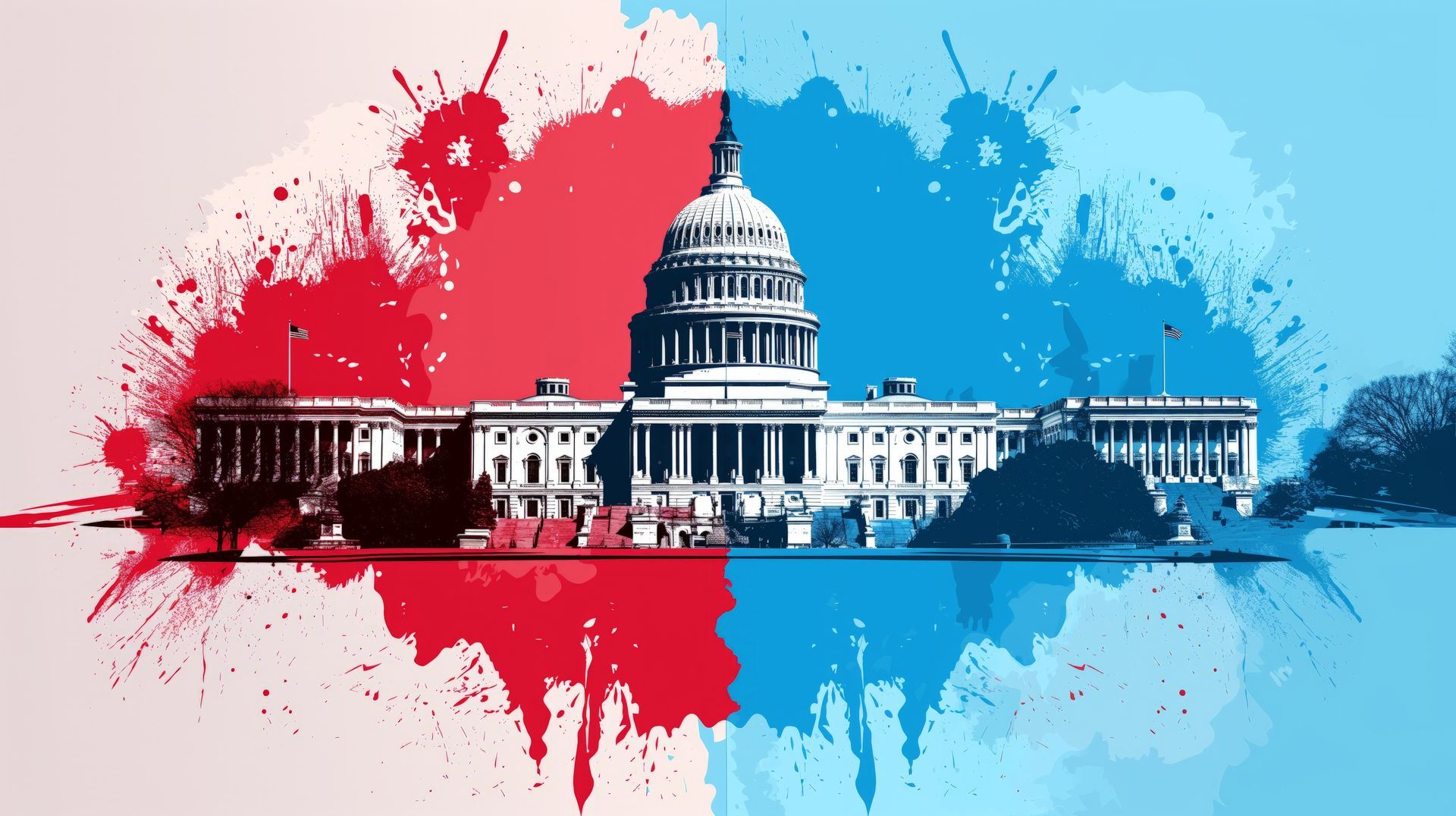Stylized U.S. Capitol with red and blue paint splashes