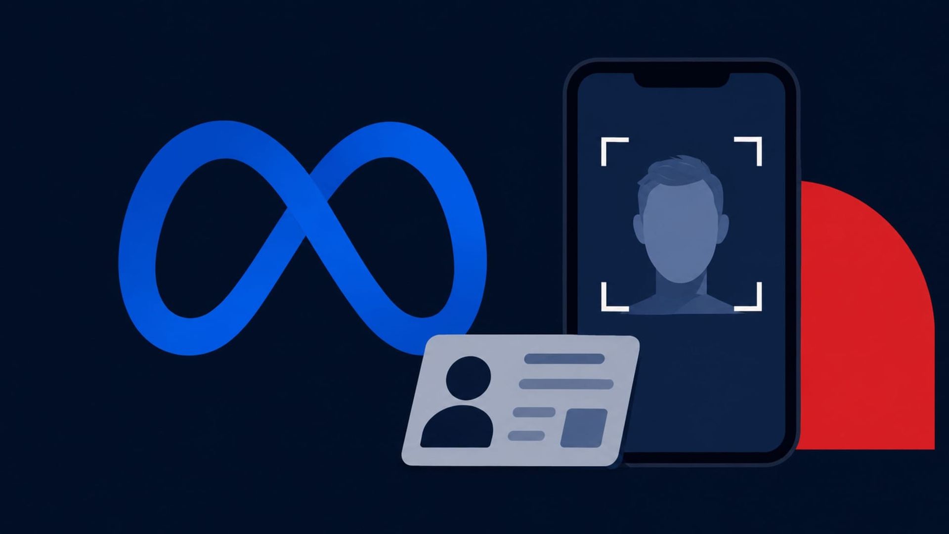 Meta logo beside a smartphone scanning a profile card, blue and red on dark background