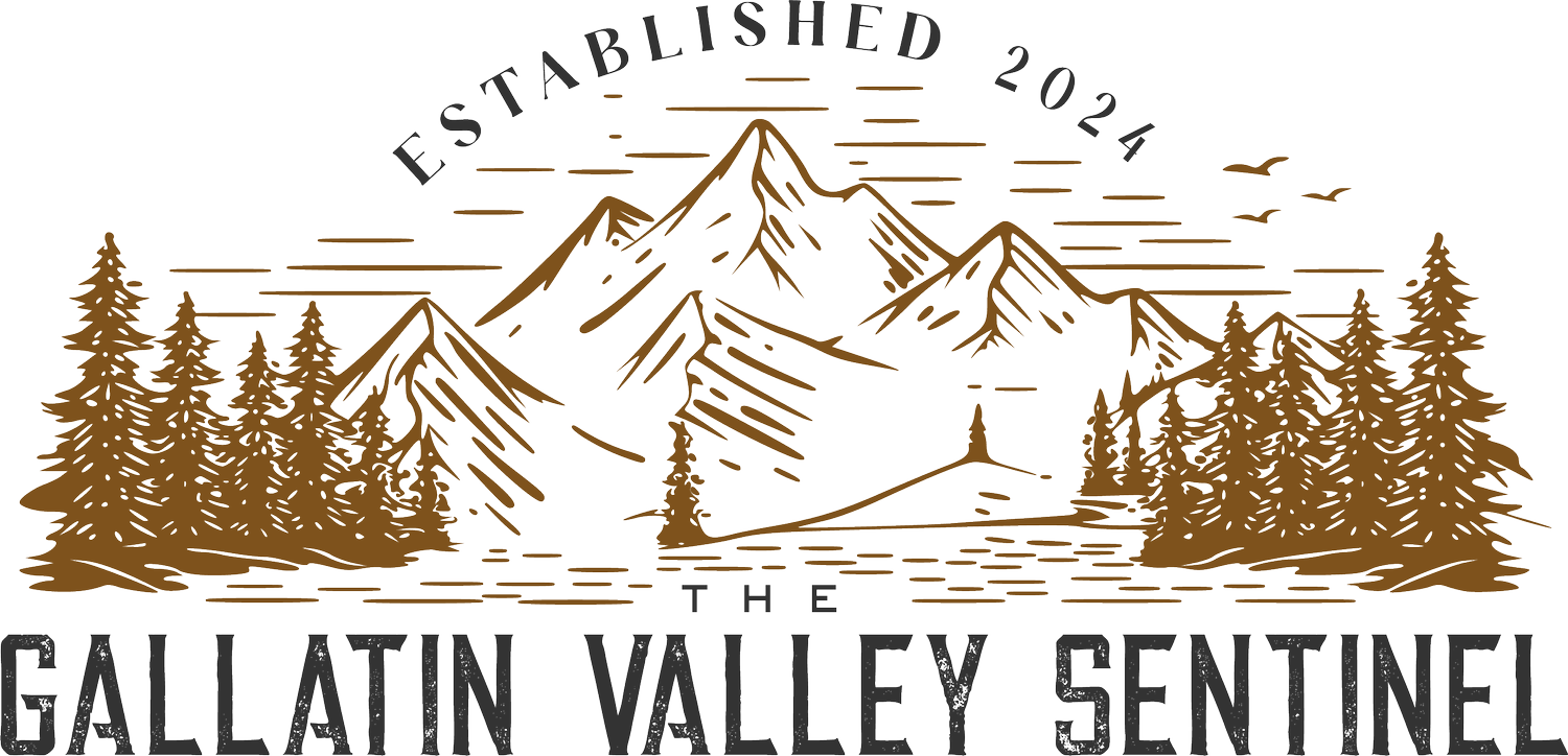 The logo for the gallatin valley sentinel shows a mountain and trees.