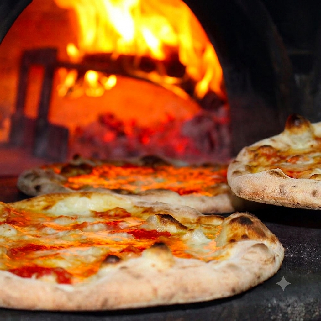 Pizze cotte nel forno a legna in un forno di mattoni incandescente con le fiamme sullo sfondo.