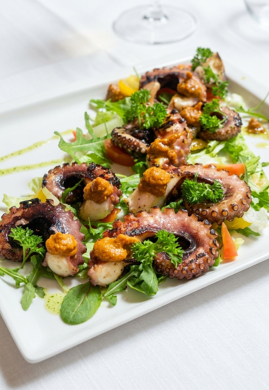 Insalata di polpo grigliato su un piatto bianco con verdure, noci e un filo di salsa.