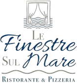Logo per Le Finestre Sul Mare Ristorante & Pizzeria con una finestra su delle onde nei toni del blu e del grigio.