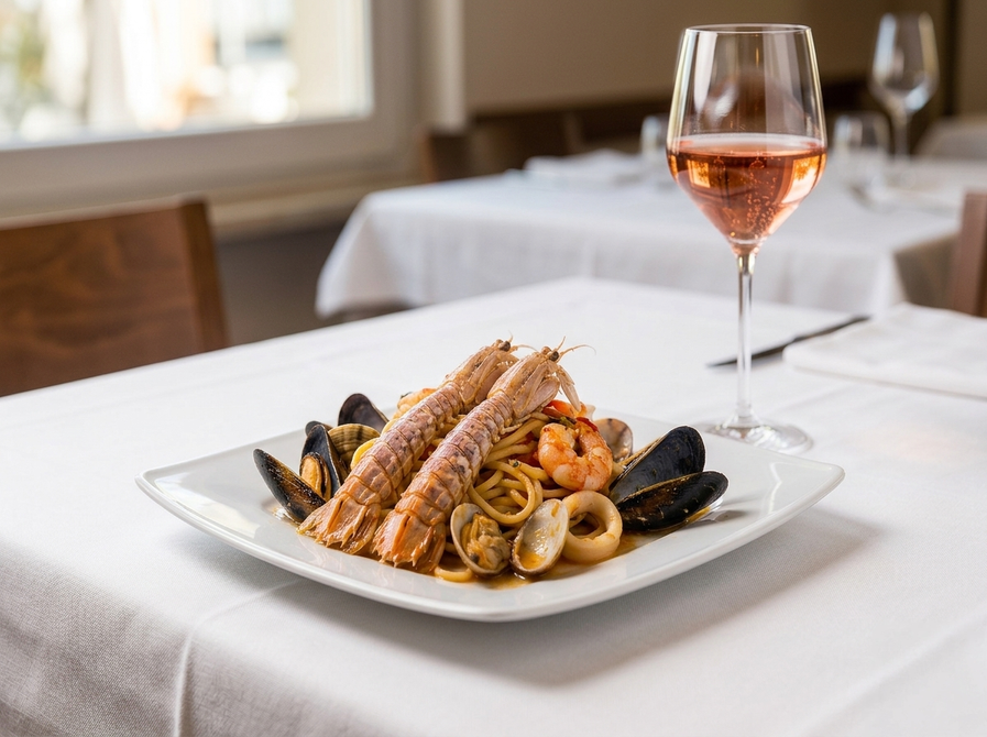 Pasta ai frutti di mare scottati su un piatto bianco con un bicchiere di rosé su un tavolo di ristorante.