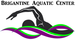 Brigantine Aquatic Center logo with a swimmer over purple and green waves
