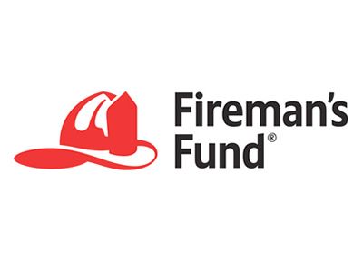 A fireman 's fund logo with a red fireman 's helmet on a white background.