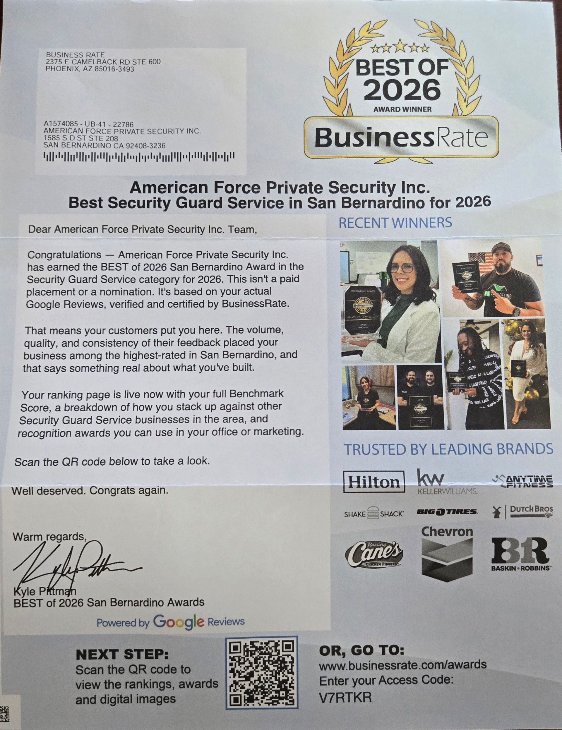 Certificate/newsletter page with “Best of 2026” badge, text blocks, photos, and logos on a white background