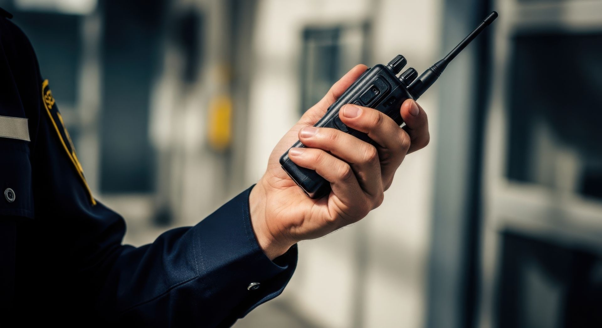 Close-up of portable radio held by an on-duty guard from a private security guard service. Close-up of portable radio held by an on-duty guard from a private security guard service.