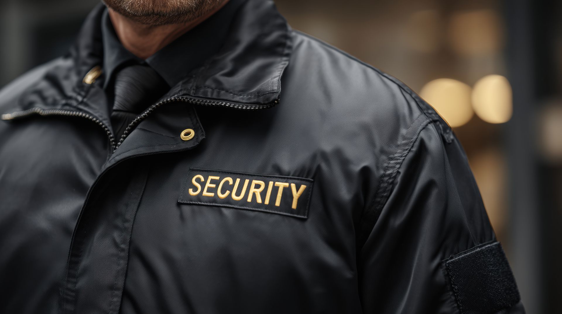 Close-up of a premium private security guard service professional on duty wearing a jacket.