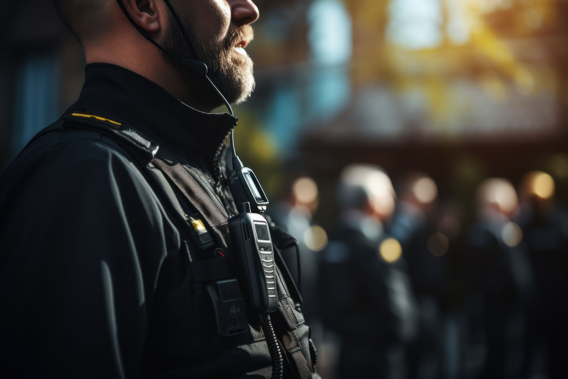 Security services personnel wearing a tactical uniform and communication earpiece while on duty.