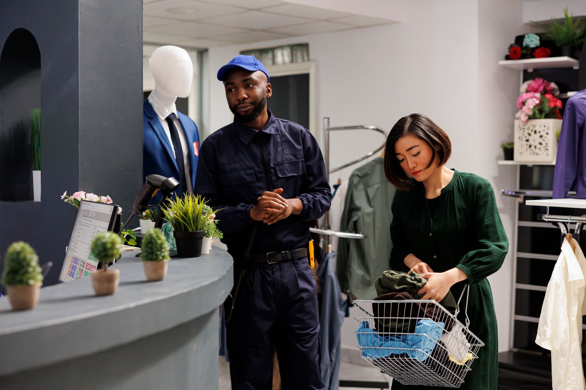 A security guard is working in a clothing store.