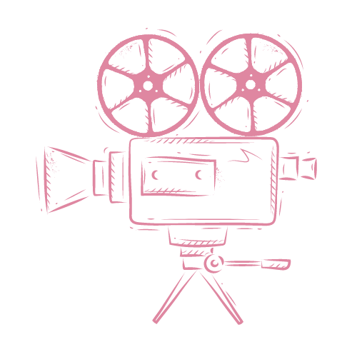 A drawing of a movie camera with two rolls of film.