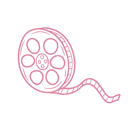A pink drawing of a film reel on a white background.