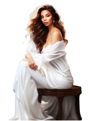 A woman in a white dress is sitting on a stool