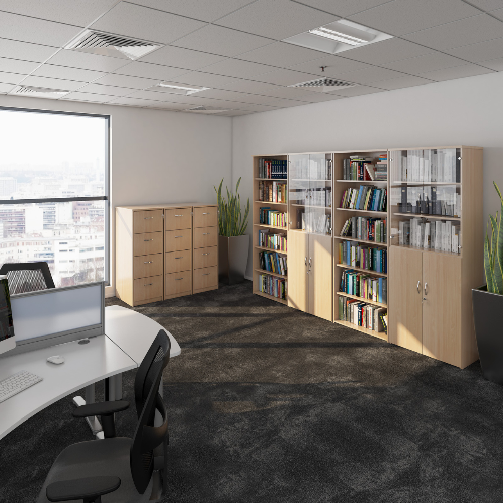 a large room with a lot of bookshelves and cabinets