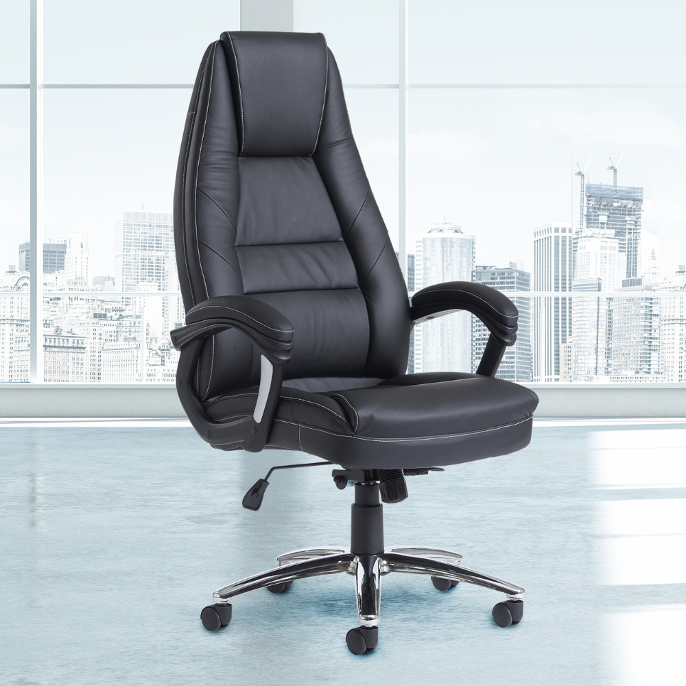a black leather office chair is sitting in front of a window .