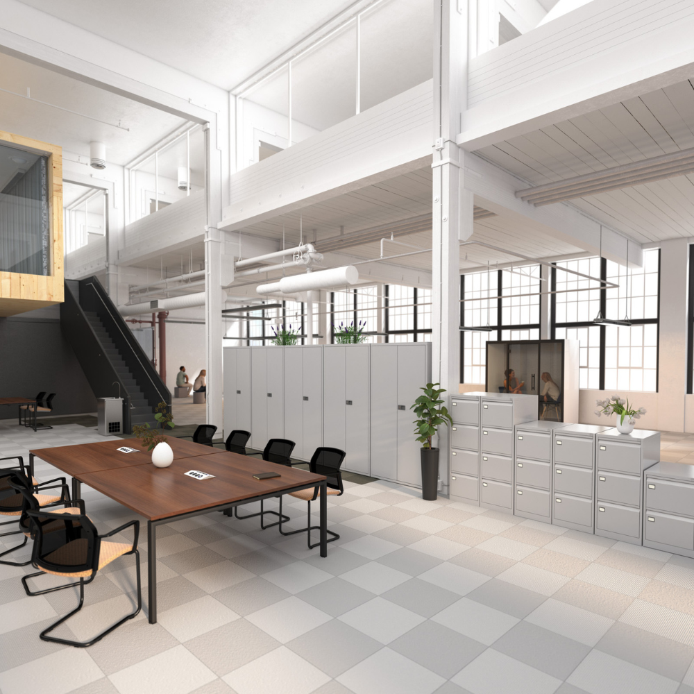 a large room with a table and chairs in it
