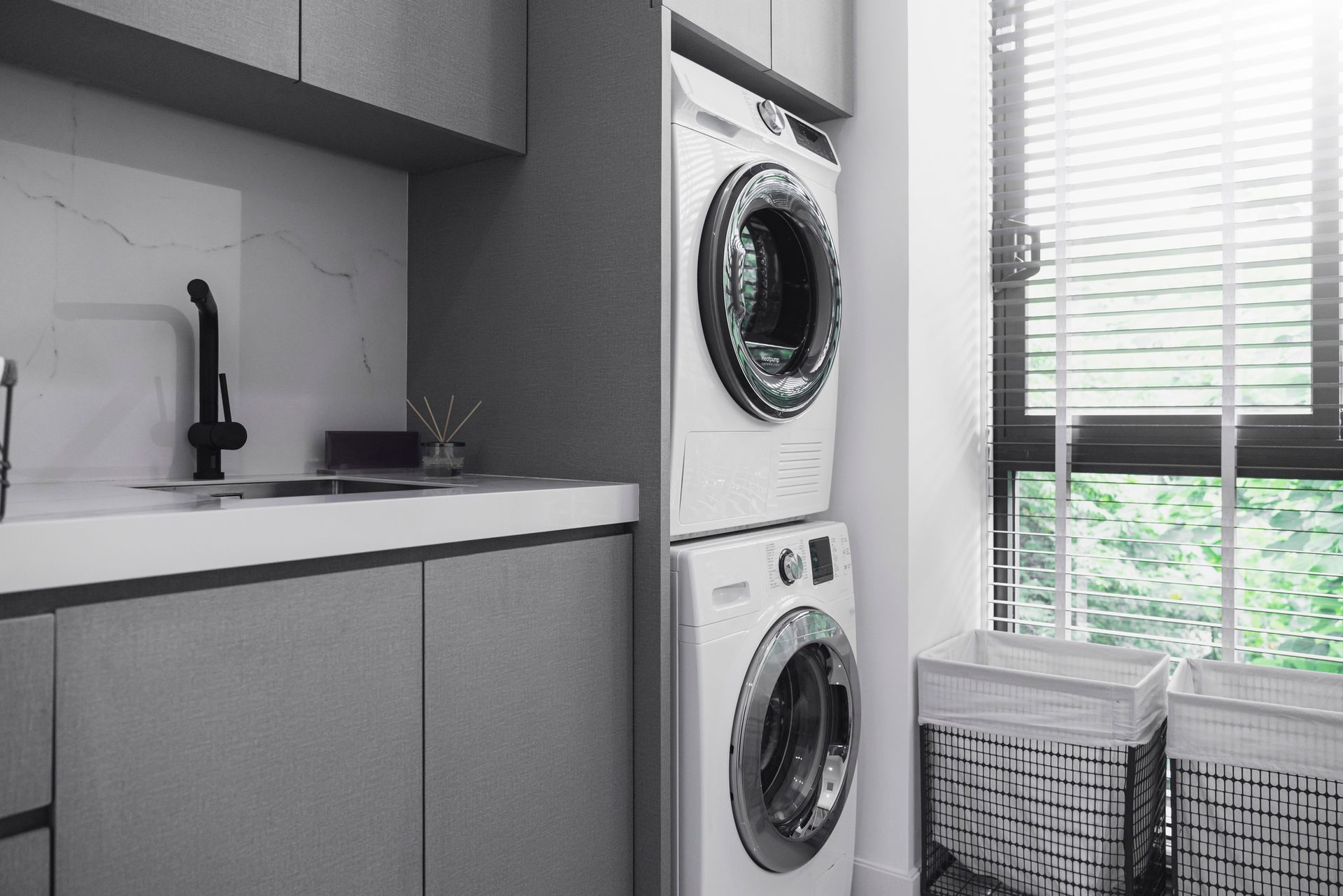 A Modern Laundry Room with Window Wooden Blind | Castle Hill, Nsw | Galaxy Kitchens & Bathrooms