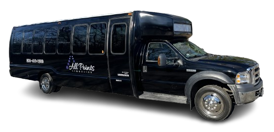 A black shuttle bus, viewed from the side, parked against a white background.