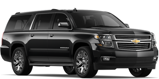 A black Chevrolet Suburban SUV viewed from the front three-quarter angle on a white background.
