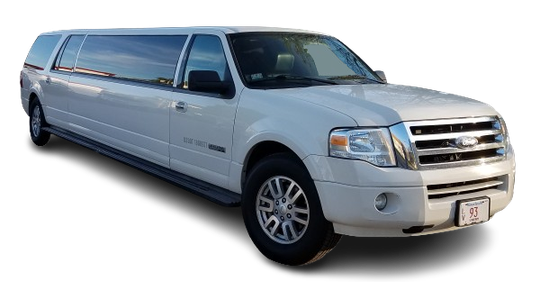 A long, white Ford Expedition limousine parked against a plain white background.