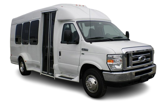 A white Ford shuttle bus with dark tinted passenger windows on a plain white background.