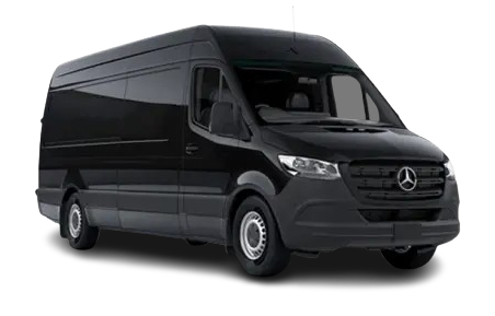 A black Mercedes-Benz Sprinter cargo van viewed from the front three-quarter angle against a white background.