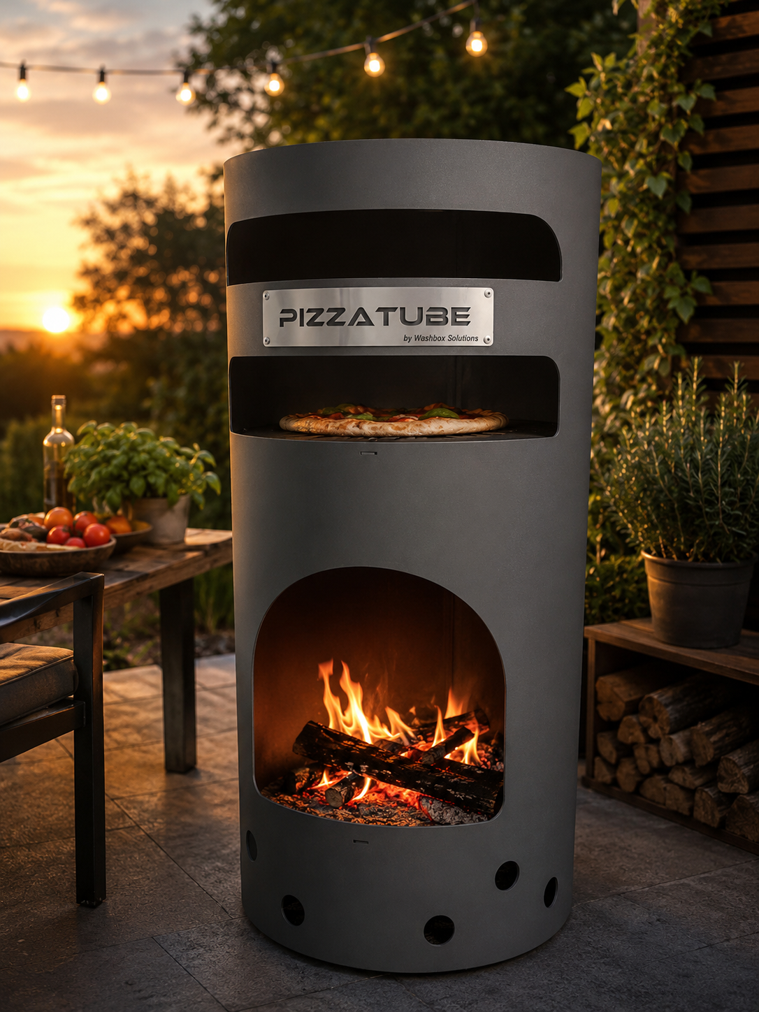 Pizzatube für die perfekte Steinofenpizza aus dem eigenen Garten. Holzbefeuert und mit Warmhaltefach.