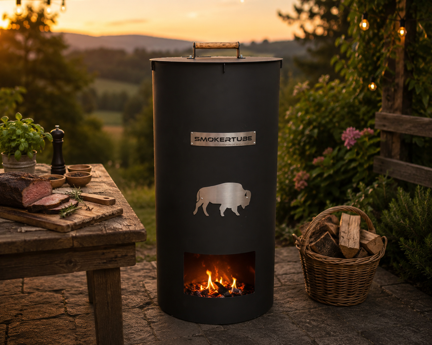 Smokertube - der kompakte Smoker mit einem eingebauten Thermostat, Aufhängestangen innen und separatem Deckel.