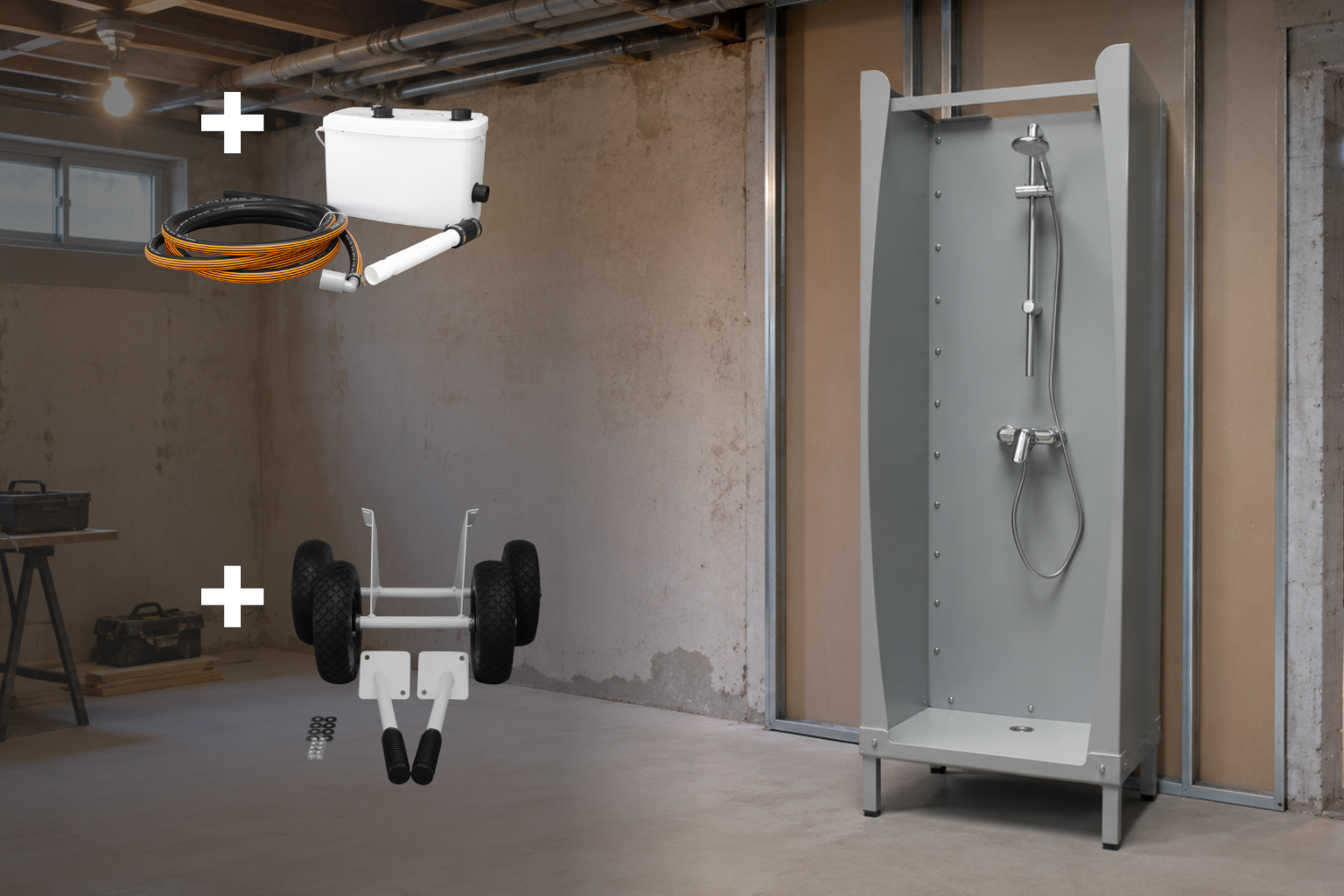 Die eckige mobile Dusche Corner ECO füpr umweltbewusst, mit einem Hebeanlageset und Transportset.
