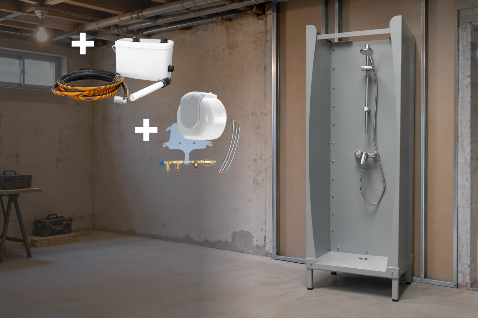 Eckige Dusche Corner Ausstattungspaket FIX mit Hebeanlageset und Boilerset.